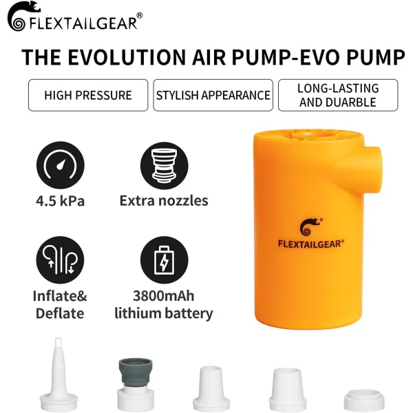 FLEXTAILGEAR EVO Electric Air Pump with Rechargeable Battery Powered Portable Mini Air Mattress Pump 45 KPa High Pressure for Swimming Ring Boat Pool Inflatables Bed Mattress CampingOrange