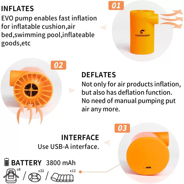 FLEXTAILGEAR EVO Electric Air Pump with Rechargeable Battery Powered Portable Mini Air Mattress Pump 45 KPa High Pressure for Swimming Ring Boat Pool Inflatables Bed Mattress CampingOrange