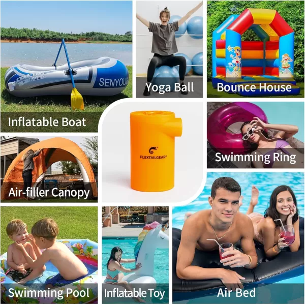FLEXTAILGEAR EVO Electric Air Pump with Rechargeable Battery Powered Portable Mini Air Mattress Pump 45 KPa High Pressure for Swimming Ring Boat Pool Inflatables Bed Mattress CampingOrange