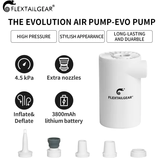 FLEXTAILGEAR EVO Electric Air Pump with Rechargeable Battery Powered Portable Mini Air Mattress Pump 45 KPa High Pressure for Swimming Ring Boat Pool Inflatables Bed Mattress CampingWhite