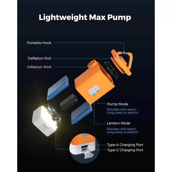 FLEXTAILGEAR Electric Air Pump MP2Plus Ultralight Portable Air Pump Rechargeable Small Battery Air Mattress inflator with Camping Lantern for Sleeping Pads Travel Pool Floats Inflatable Toys