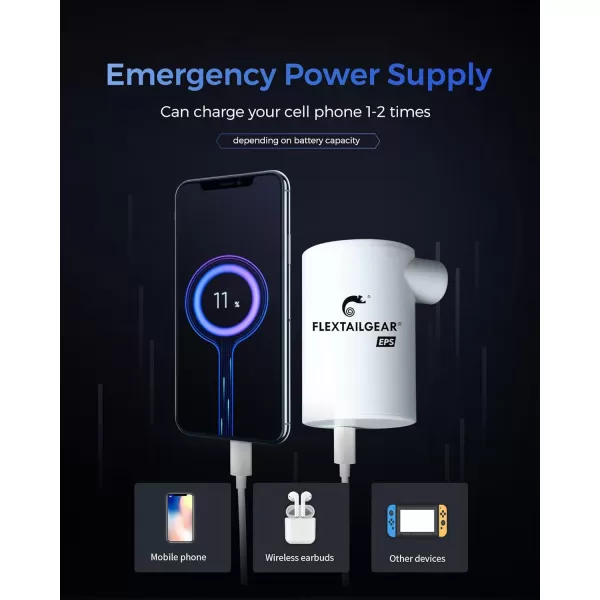 FLEXTAILGEAR MAX Pump 2020 Portable Air Pump with 3600mAH Battery USB Rechargeable Air PumpQuick Inflate Deflate for Sleeping Pads Air Mattress Pool Toys Floats Swimming Ring Air Bed GreenPump with Emergency Power Supply White