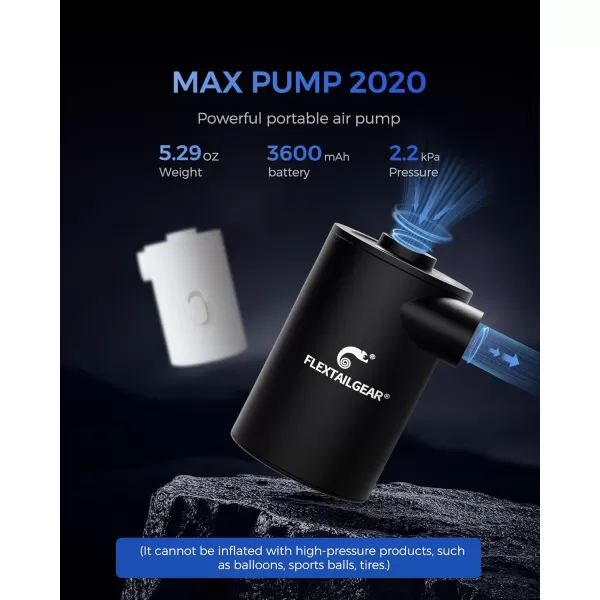 FLEXTAILGEAR MAX Pump 2020 Portable Air Pump with 3600mAH Battery USB Rechargeable Air PumpQuick Inflate Deflate for Sleeping Pads Air Mattress Pool Toys Floats Swimming Ring Air Bed GreenMP2020 Dark Black