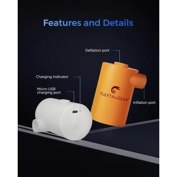 FLEXTAILGEAR MAX Pump 2020 Portable Air Pump with 3600mAH Battery USB Rechargeable Air PumpQuick Inflate Deflate for Sleeping Pads Air Mattress Pool Toys Floats Swimming Ring Air Bed GreenMP2020 Orange