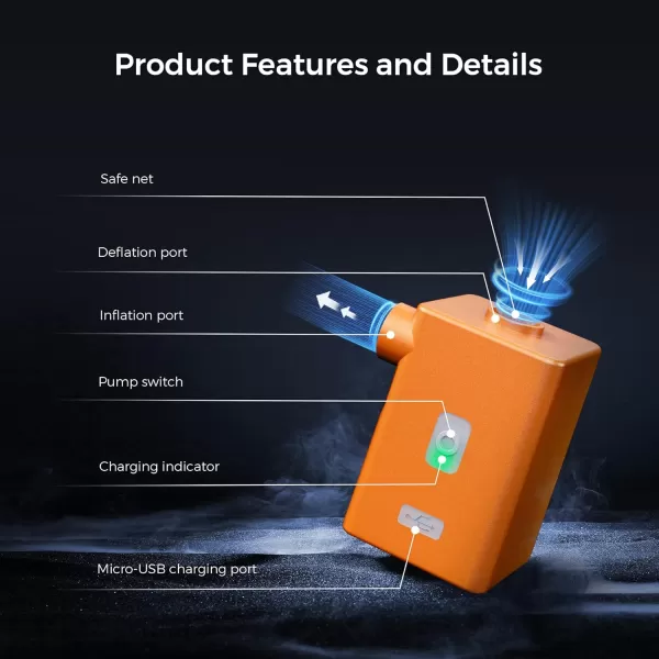 FLEXTAILGEAR  MAX Pump Plus Portable Air Pump with 3600mAh Battery USB Rechargeable Lightwight Air Pump to Quick Inflate Deflate for Pool Floats Air Bed Air Mattress Swimming Ring WhiteOrange