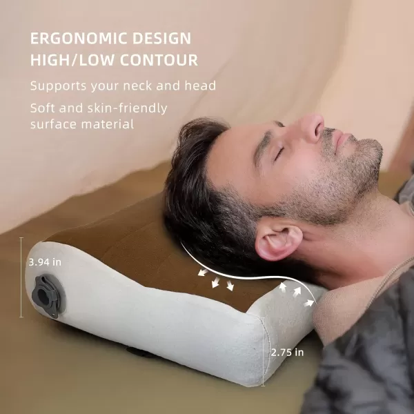 FLEXTAILGEAR Neck Contour Inflatable Camping Pillow Ergonomic Travel Pillow Backpacking Gear with Removable Cover Separate TPU Bladder for Camp Hiking Airplane Road Trip OfficeBrown