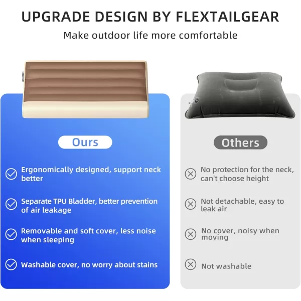 FLEXTAILGEAR Neck Contour Inflatable Camping Pillow Ergonomic Travel Pillow Backpacking Gear with Removable Cover Separate TPU Bladder for Camp Hiking Airplane Road Trip OfficeBrown