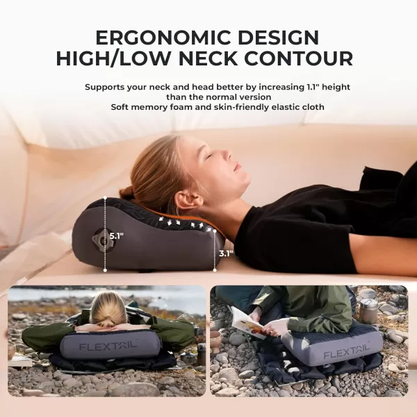 FLEXTAILGEAR Neck Contour Inflatable Camping Pillow Ergonomic Travel Pillow Backpacking Gear with Washable Removable Cover Separate TPU Bladder for Camp Hiking Airplane Road Trip OfficeGrey