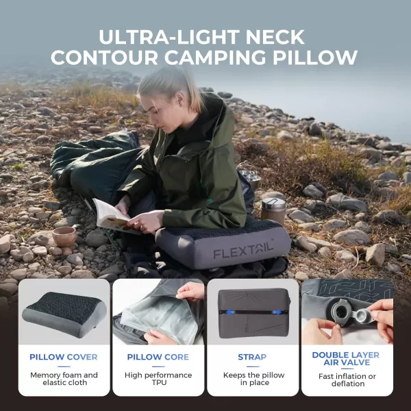 FLEXTAILGEAR Neck Contour Inflatable Camping Pillow Ergonomic Travel Pillow Backpacking Gear with Washable Removable Cover Separate TPU Bladder for Camp Hiking Airplane Road Trip OfficeGrey