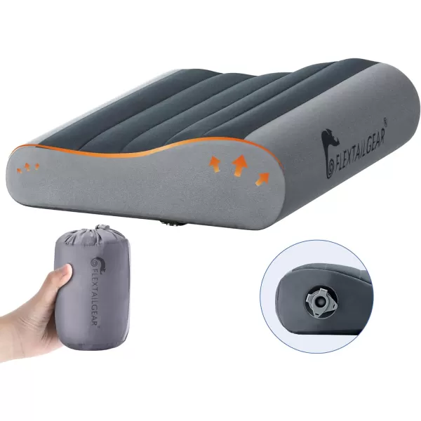 FLEXTAILGEAR Neck Contour Inflatable Camping Pillow Ergonomic Travel Pillow Backpacking Gear with Washable Removable Cover Separate TPU Bladder for Camp Hiking Airplane Road Trip OfficeGrey