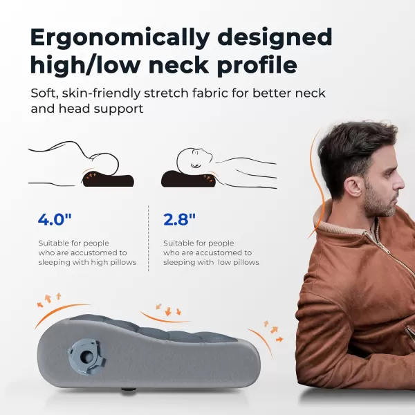 FLEXTAILGEAR Neck Contour Inflatable Camping Pillow Ergonomic Travel Pillow Backpacking Gear with Washable Removable Cover Separate TPU Bladder for Camp Hiking Airplane Road Trip OfficeGrey
