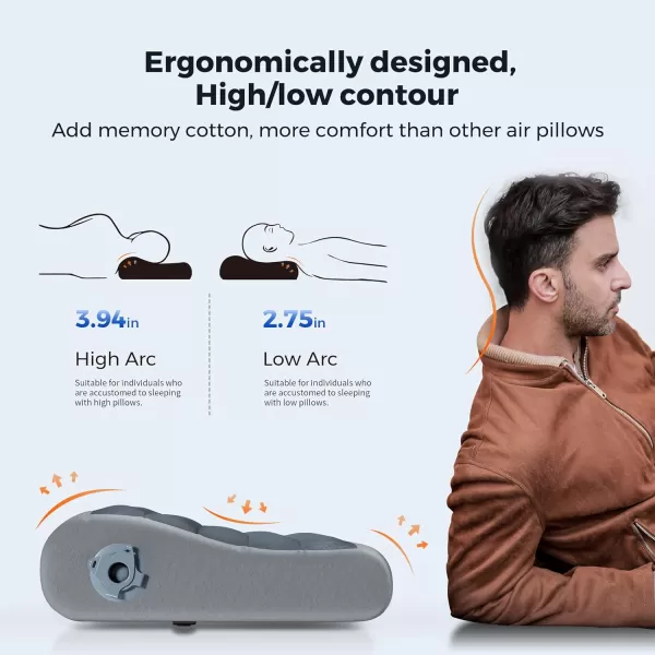 FLEXTAILGEAR Neck Contour Inflatable Camping Pillow Ergonomic Travel Pillow Backpacking Gear with Washable Removable Cover Separate TPU Bladder for Camp Hiking Airplane Road Trip OfficeGrey