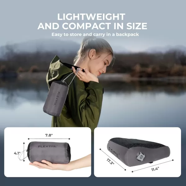FLEXTAILGEAR Neck Contour Inflatable Camping Pillow Ergonomic Travel Pillow Backpacking Gear with Washable Removable Cover Separate TPU Bladder for Camp Hiking Airplane Road Trip OfficeGrey