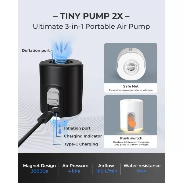 FLEXTAILGEAR Portable Air Pump with Camping Lantern Tiny Pump 2X 4kPa Air Pump for Inflatables Rechargeable Air Mattress Pump with Magnetic Design for Sleeping Pads Pool Floats Swimming Rings1300mAhBlack