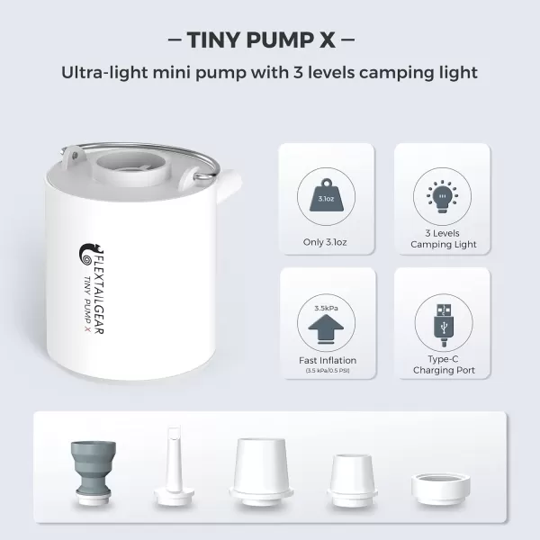 FLEXTAILGEAR Tiny Pump X Portable Air Pump Camping Light UltraMini Air Pump with 1300mAh Battery USB Rechargeable for Sleeping Pads Pool Floats Air Bed Air Mattress Swimming RingWhite