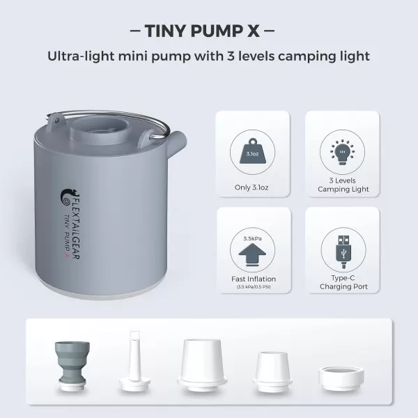 FLEXTAILGEAR Tiny Pump X Portable Air Pump Camping Light UltraMini Air Pump with 1300mAh Battery USB Rechargeable for Sleeping Pads Pool Floats Air Bed Air Mattress Swimming RingSpace Gray