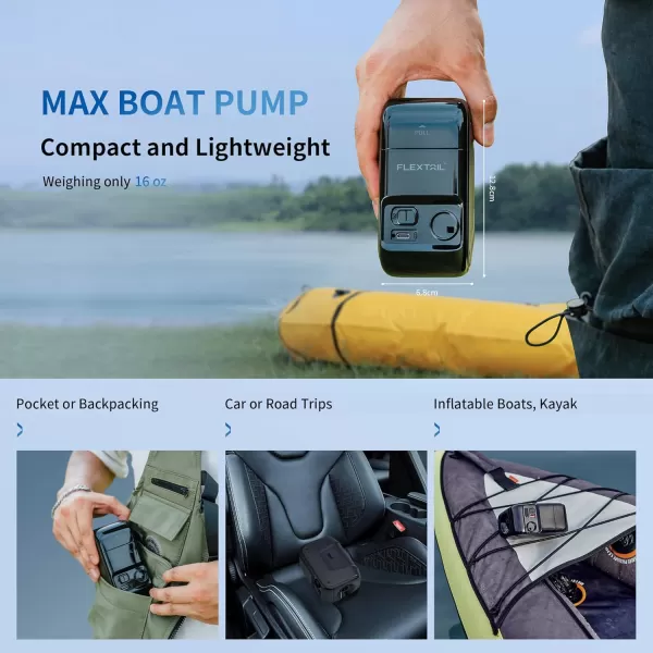 FLEXTAILGEAR Portable MAX Boat Pump Rechargeable Electric Air Pump for Inflatable Boats Inflate Deflate with Auto Stop Function Realtime LED Display for Rubber Boat Kayak Inflatables