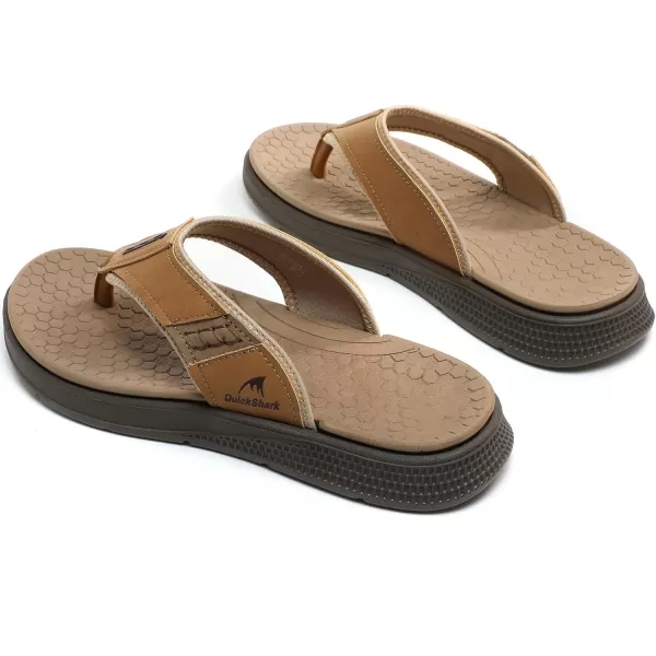 Quickshark Mens Flip Flops Leather Thong Sandals Arch Support Beach Slippers5khaki