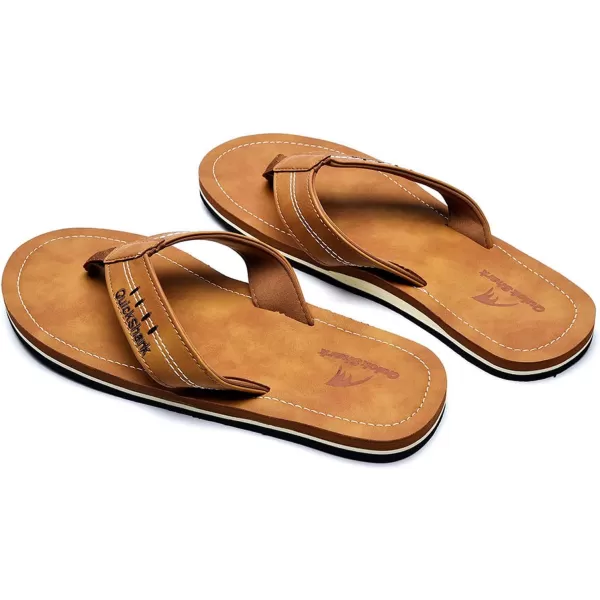 Quickshark Mens Flip Flops Leather Thong Sandals Arch Support Beach SlippersKhaki