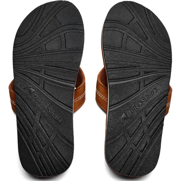 Quickshark Mens Flip Flops Leather Thong Sandals Arch Support Beach SlippersKhaki