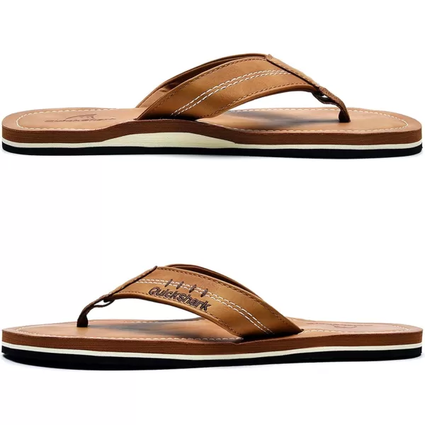 Quickshark Mens Flip Flops Leather Thong Sandals Arch Support Beach SlippersKhaki