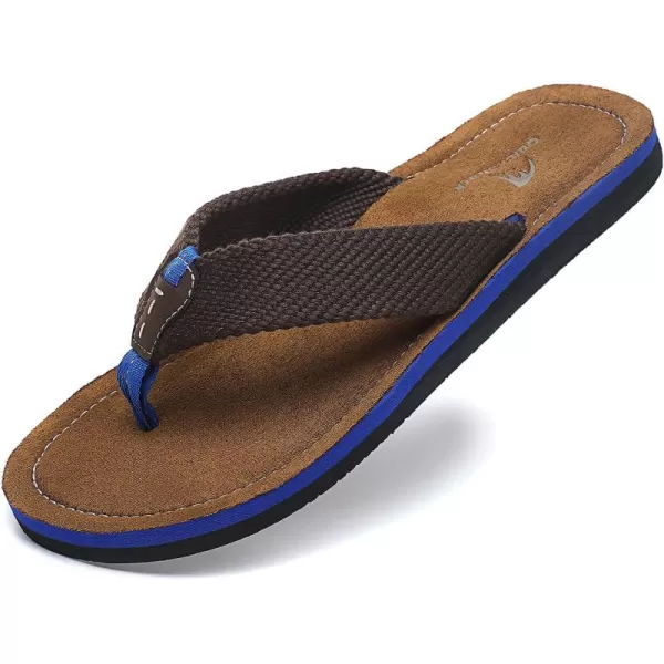 Quickshark Mens Flip Flops Leather Thong Sandals Arch Support Beach Slippers2brownBlue