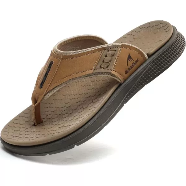 Quickshark Mens Flip Flops Leather Thong Sandals Arch Support Beach Slippers5khaki