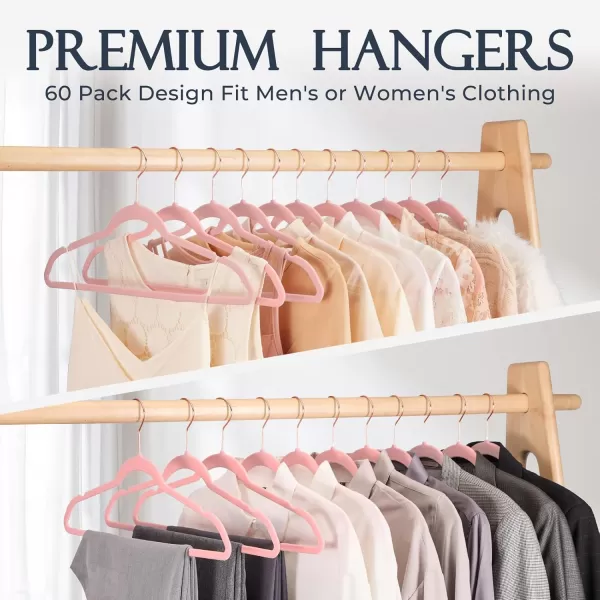 HOUSE DAY Pink Velvet Hangers 60 Pack Premium NonSlip Felt Clothes Sturdy Heavy Duty Coat Durable Hangers for Suits Space Saving with No Hanger Mark 360 Swivel Rotating Rose Gold HookLight Pink