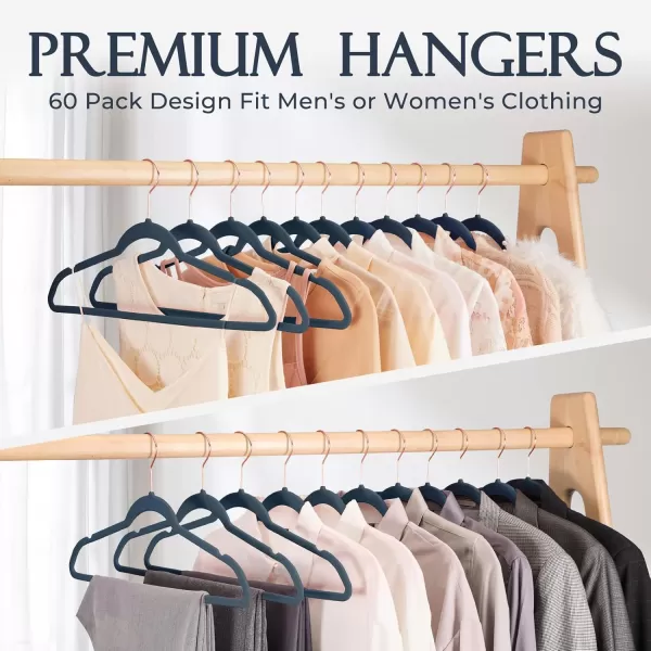 HOUSE DAY Pink Velvet Hangers 60 Pack Premium NonSlip Felt Clothes Sturdy Heavy Duty Coat Durable Hangers for Suits Space Saving with No Hanger Mark 360 Swivel Rotating Rose Gold HookNavy Blue