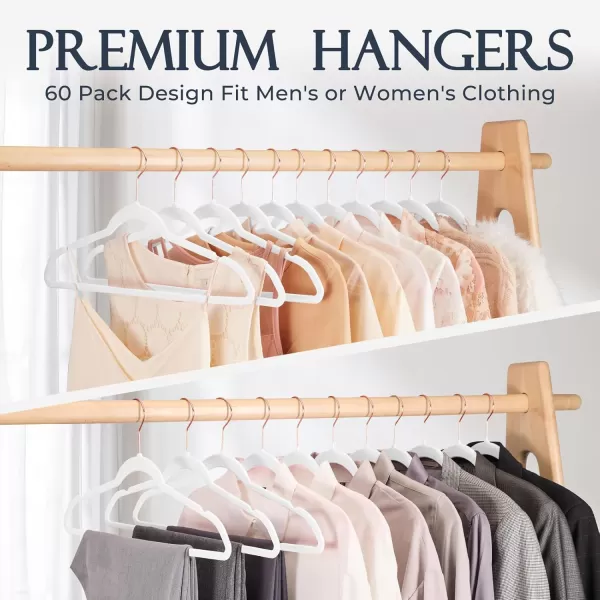 HOUSE DAY Pink Velvet Hangers 60 Pack Premium NonSlip Felt Clothes Sturdy Heavy Duty Coat Durable Hangers for Suits Space Saving with No Hanger Mark 360 Swivel Rotating Rose Gold HookWhite