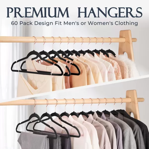 HOUSE DAY Pink Velvet Hangers 60 Pack Premium NonSlip Felt Clothes Sturdy Heavy Duty Coat Durable Hangers for Suits Space Saving with No Hanger Mark 360 Swivel Rotating Rose Gold HookBlack