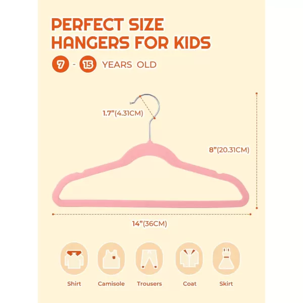 HOUSE DAY Kids Velvet Hangers 50 Pack Durable Big Kids Hangers 14 Inch Hangers for Youth Non Slip Kids Felt Hangers Cute Childrens Hangers for Closet Pink Hangers KidsPink