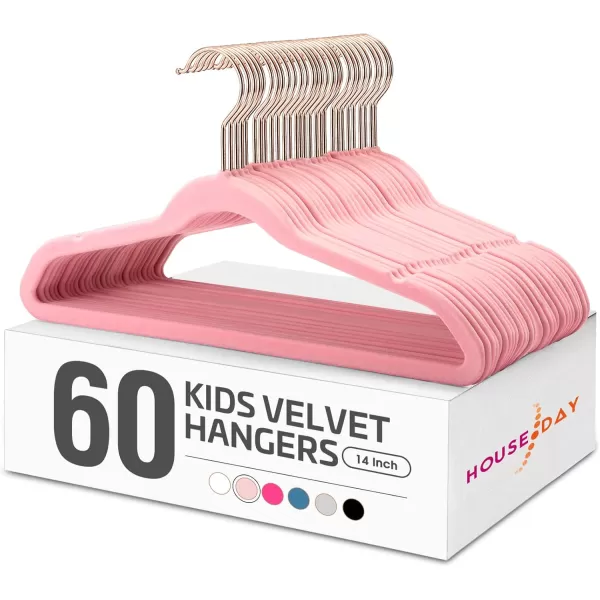 HOUSE DAY Velvet Kids Hangers 60 Pack Premium Childrens Hangers for Closet Ultra Thin Cute Hangers Kids Clothes Hanger Non Slip Kids Felt Hangers 14 Inch Small Hangers for Kids Clothes Hot PinkBlush Pink