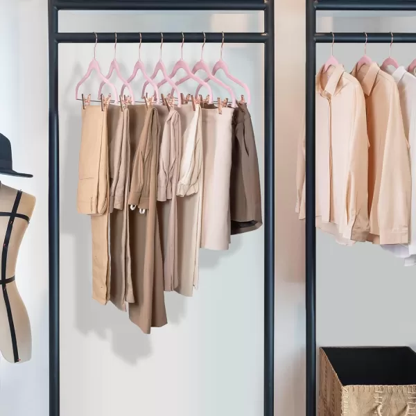 HOUSE DAY Velvet Skirt Hangers 24 Pack Non Slip Velvet Pants Hangers with Rose Gold Clips Ultra Thin Velvet Hangers Space Saving HeavyDuty Clothes Hanger for Trouser Jeans Dresses Coats PinkPeach Pink