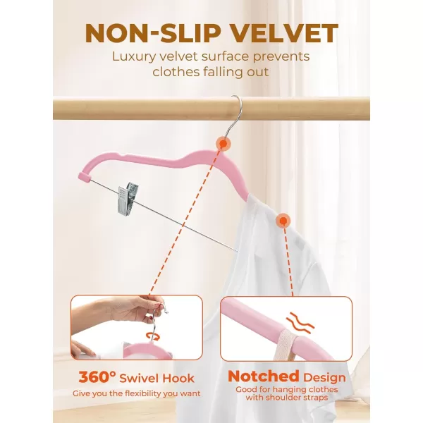 HOUSE DAY Velvet Skirt Hangers 24 Pack Pink Velvet Hangers with Adjustable Clips Space Saving Slim Velvet Pant Hangers Heavy Duty Shorts Hangers Non Slip Clip Hangers for Pants Skirts ShortsPink