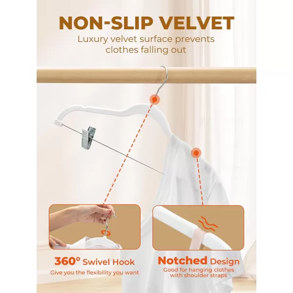 HOUSE DAY Velvet Skirt Hangers 24 Pack Pink Velvet Hangers with Adjustable Clips Space Saving Slim Velvet Pant Hangers Heavy Duty Shorts Hangers Non Slip Clip Hangers for Pants Skirts ShortsWhite