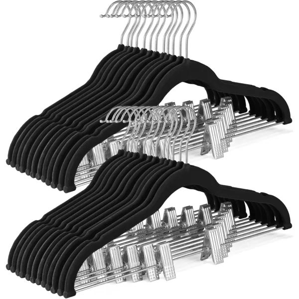 HOUSE DAY Velvet Skirt Hangers 24 Pack Pink Velvet Hangers with Adjustable Clips Space Saving Slim Velvet Pant Hangers Heavy Duty Shorts Hangers Non Slip Clip Hangers for Pants Skirts ShortsBlack