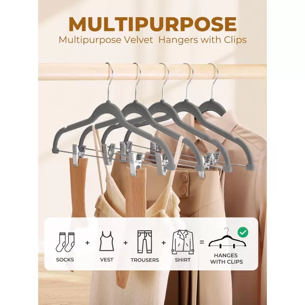 HOUSE DAY Velvet Skirt Hangers 24 Pack Pink Velvet Hangers with Adjustable Clips Space Saving Slim Velvet Pant Hangers Heavy Duty Shorts Hangers Non Slip Clip Hangers for Pants Skirts ShortsGray