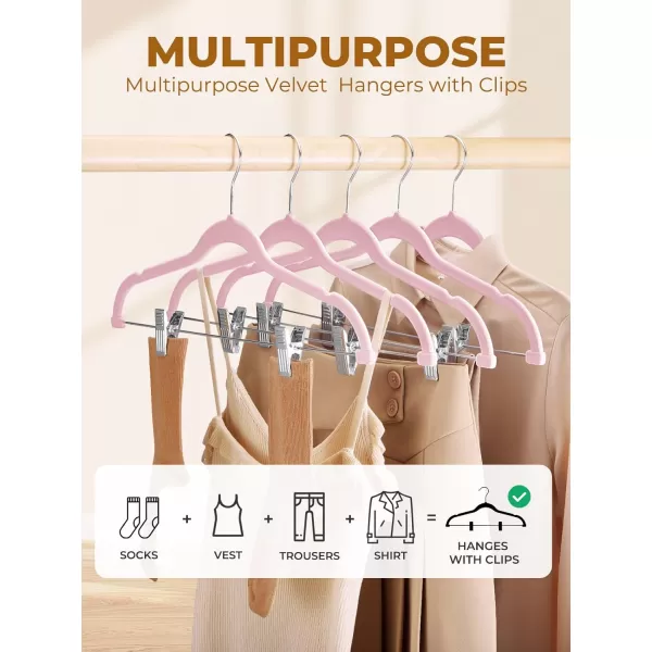 HOUSE DAY Velvet Skirt Hangers 24 Pack Pink Velvet Hangers with Adjustable Clips Space Saving Slim Velvet Pant Hangers Heavy Duty Shorts Hangers Non Slip Clip Hangers for Pants Skirts ShortsPink