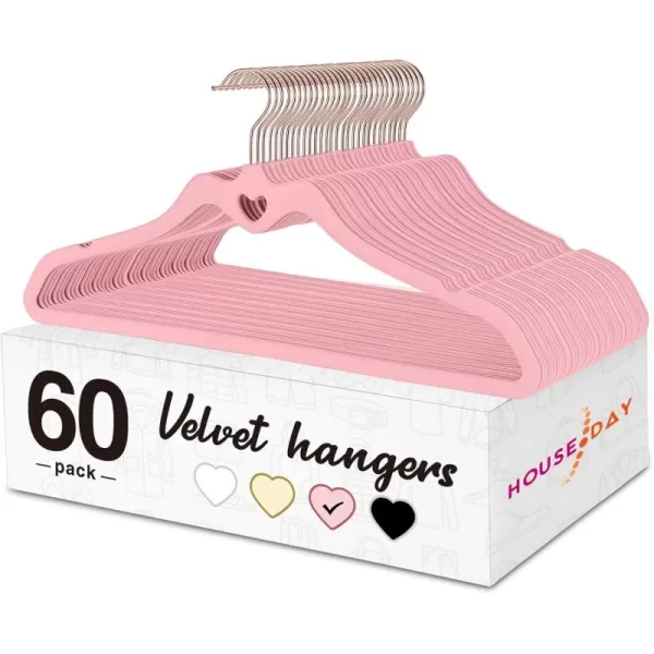 HOUSE DAY Pink Velvet Hangers 60 Pack Non Slip Flocked Felt Hangers Sturdy Velvet Clothes Hangers Cute Heart Hangers Heavy Duty Coat Hangers Ultra Slim Pink Hangers for Closet Space SavingPink