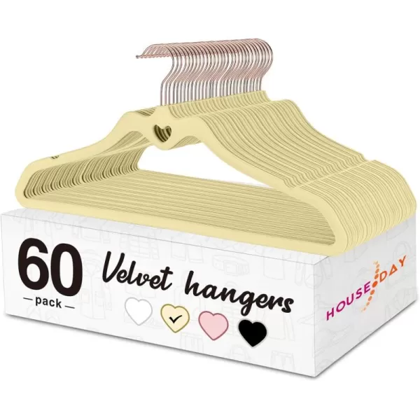 HOUSE DAY Pink Velvet Hangers 60 Pack Non Slip Flocked Felt Hangers Sturdy Velvet Clothes Hangers Cute Heart Hangers Heavy Duty Coat Hangers Ultra Slim Pink Hangers for Closet Space SavingYellowishbeige