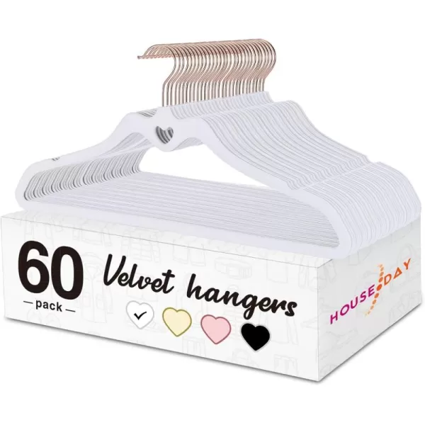 HOUSE DAY Pink Velvet Hangers 60 Pack Non Slip Flocked Felt Hangers Sturdy Velvet Clothes Hangers Cute Heart Hangers Heavy Duty Coat Hangers Ultra Slim Pink Hangers for Closet Space SavingWhite