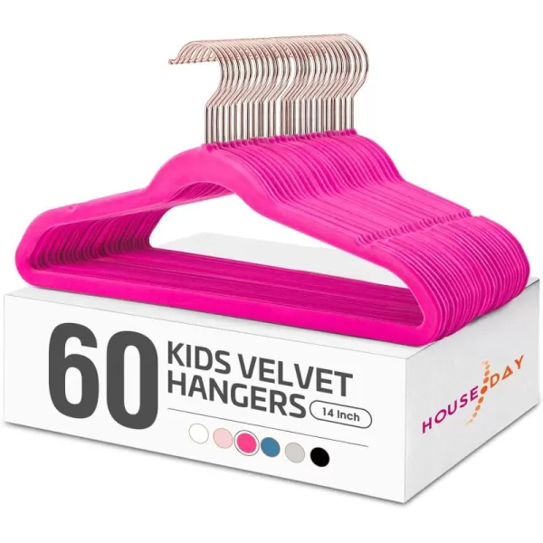 HOUSE DAY Velvet Kids Hangers 60 Pack Premium Childrens Hangers for Closet Ultra Thin Cute Hangers Kids Clothes Hanger Non Slip Kids Felt Hangers 14 Inch Small Hangers for Kids Clothes Hot PinkHot Pink