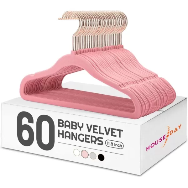 HOUSE DAY Velvet Kids Hangers 60 Pack Premium Childrens Hangers for Closet Ultra Thin Cute Hangers Kids Clothes Hanger Non Slip Kids Felt Hangers 14 Inch Small Hangers for Kids Clothes Hot PinkBlush Pink