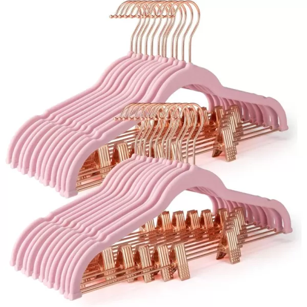 HOUSE DAY Velvet Skirt Hangers 24 Pack Non Slip Velvet Pants Hangers with Rose Gold Clips Ultra Thin Velvet Hangers Space Saving HeavyDuty Clothes Hanger for Trouser Jeans Dresses Coats PinkPeach Pink