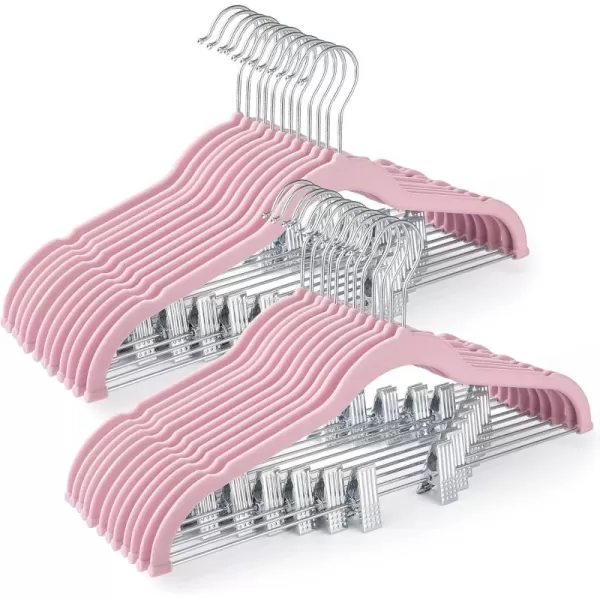 HOUSE DAY Velvet Skirt Hangers 24 Pack Pink Velvet Hangers with Adjustable Clips Space Saving Slim Velvet Pant Hangers Heavy Duty Shorts Hangers Non Slip Clip Hangers for Pants Skirts ShortsPink