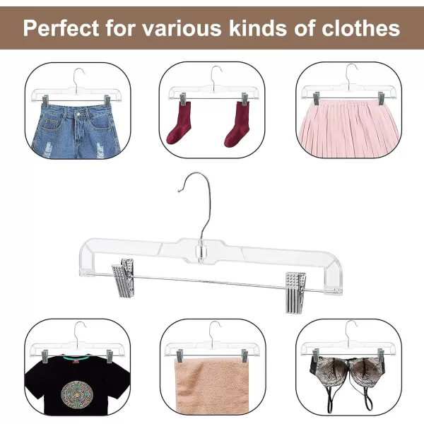 HOUSE DAY 12 Pack 14 inch Clear Plastic Skirt Hangers with Adjustable Clips Pants Hangers 360Rotating Swivel Hook Clip Hangers for Pants Trousers Skirts Jeans Bulk Plastic Hangers12PC