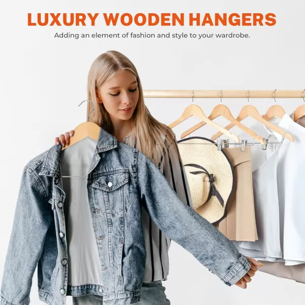 HOUSE DAY 12 Pack HighGrade Wooden Suit Hangers Skirt Hangers with Clips Solid Wood Pants Hangers Natural Smooth Finish Premium Wood Hangers with Durable Metal Clips for Blouse Dress Coat JacketNatural