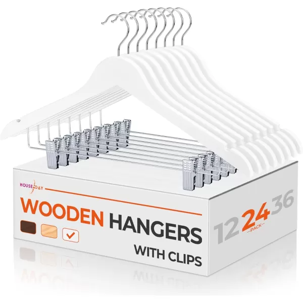 HOUSE DAY 12 Pack HighGrade Wooden Suit Hangers Skirt Hangers with Clips Solid Wood Pants Hangers Natural Smooth Finish Premium Wood Hangers with Durable Metal Clips for Blouse Dress Coat JacketWhite