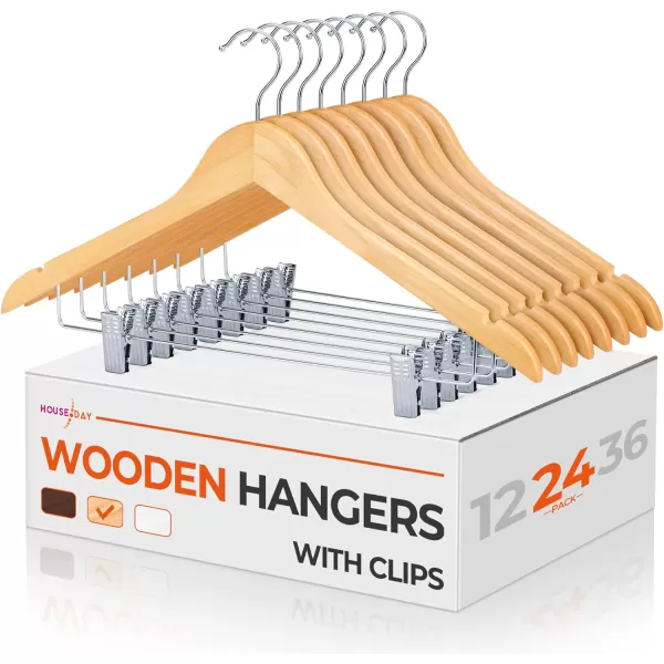 HOUSE DAY 12 Pack HighGrade Wooden Suit Hangers Skirt Hangers with Clips Solid Wood Pants Hangers Natural Smooth Finish Premium Wood Hangers with Durable Metal Clips for Blouse Dress Coat JacketNatural